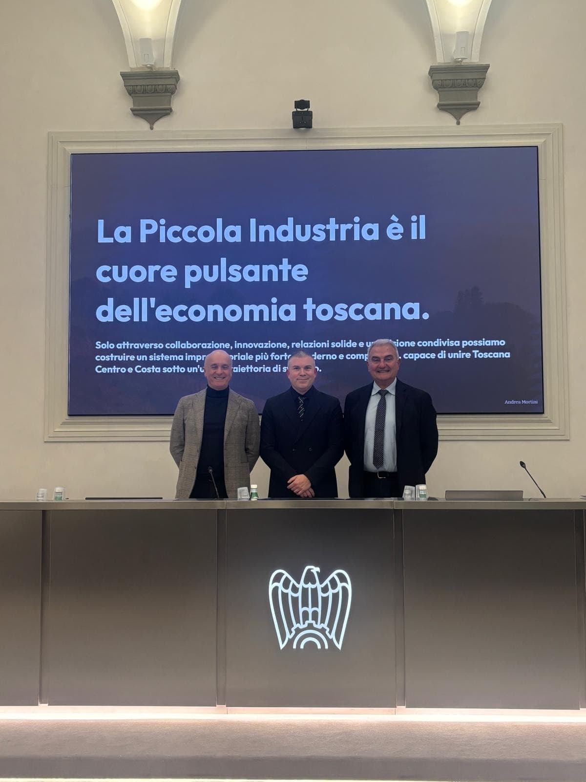 Il presidente del Comitato Piccola Industria di Confindustria Toscana Centro e Costa Andrea Mortini (al centro) con i presidenti uscenti Nedo Bertini e Franco Resti.