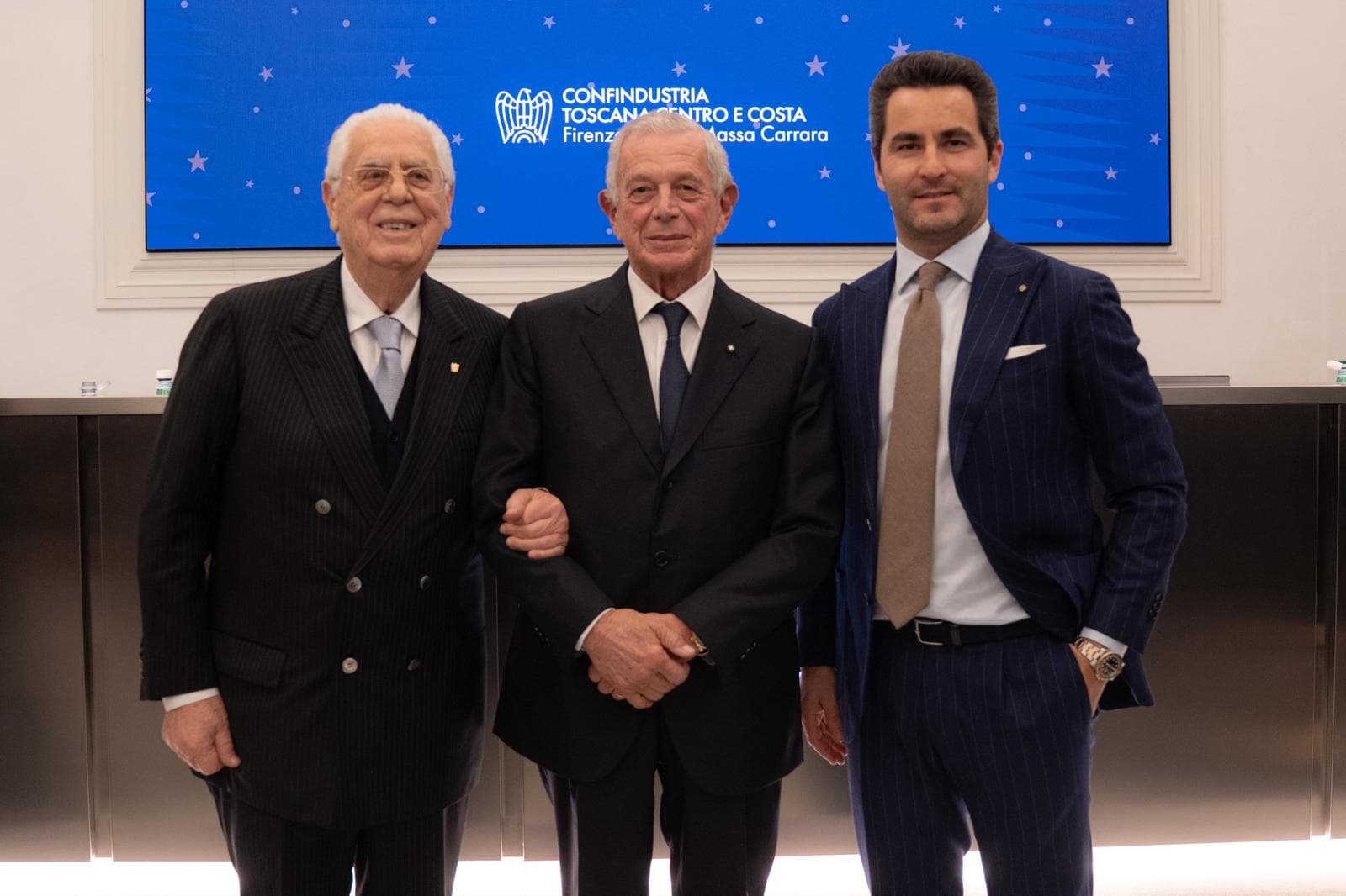 A sinistra il presidente di Confindustria Toscana Centro e Costa, Maurizio Bigazzi, il vicepresidente Piero Neri e il presidente designato per il prossimo quadriennio, Lapo Baroncelli