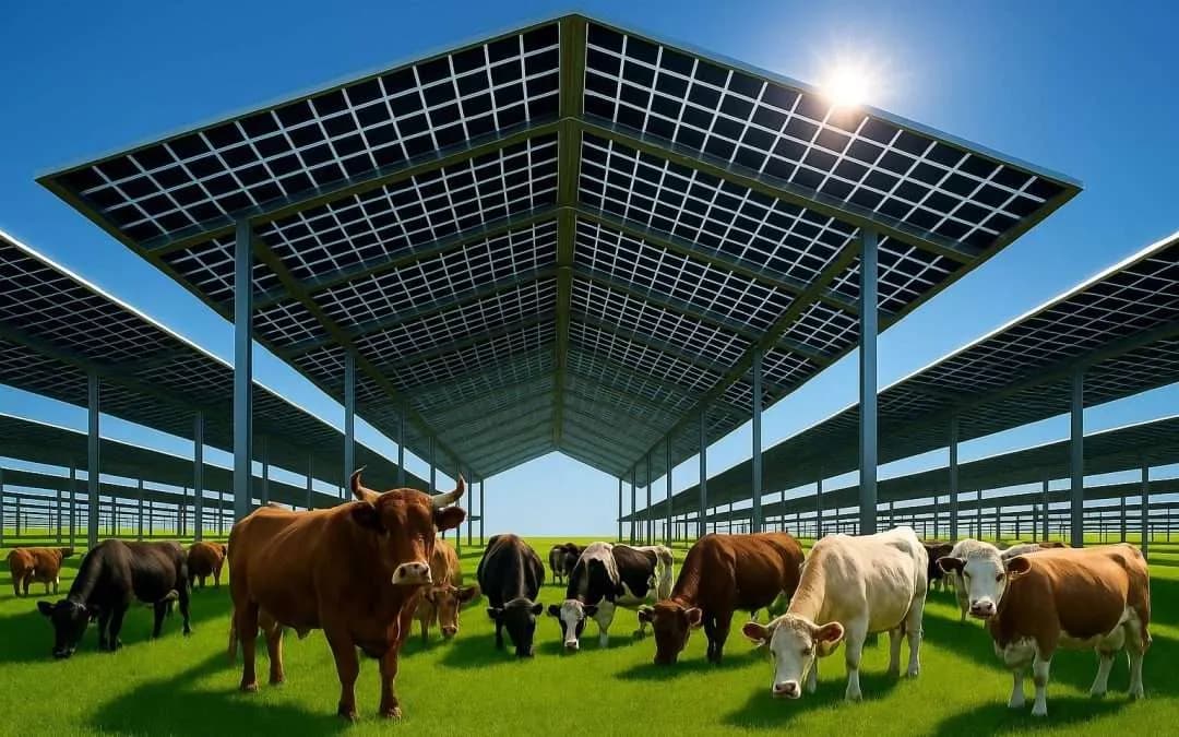 Un impianto agrivoltaico con le mucche al pascolo